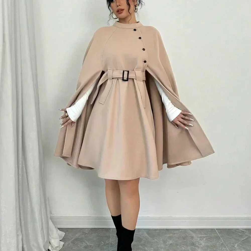 Khaki Elegant Women's Casual Cape Sleeve Button Decor Wool Blend Jacket - Picture 6 of 6